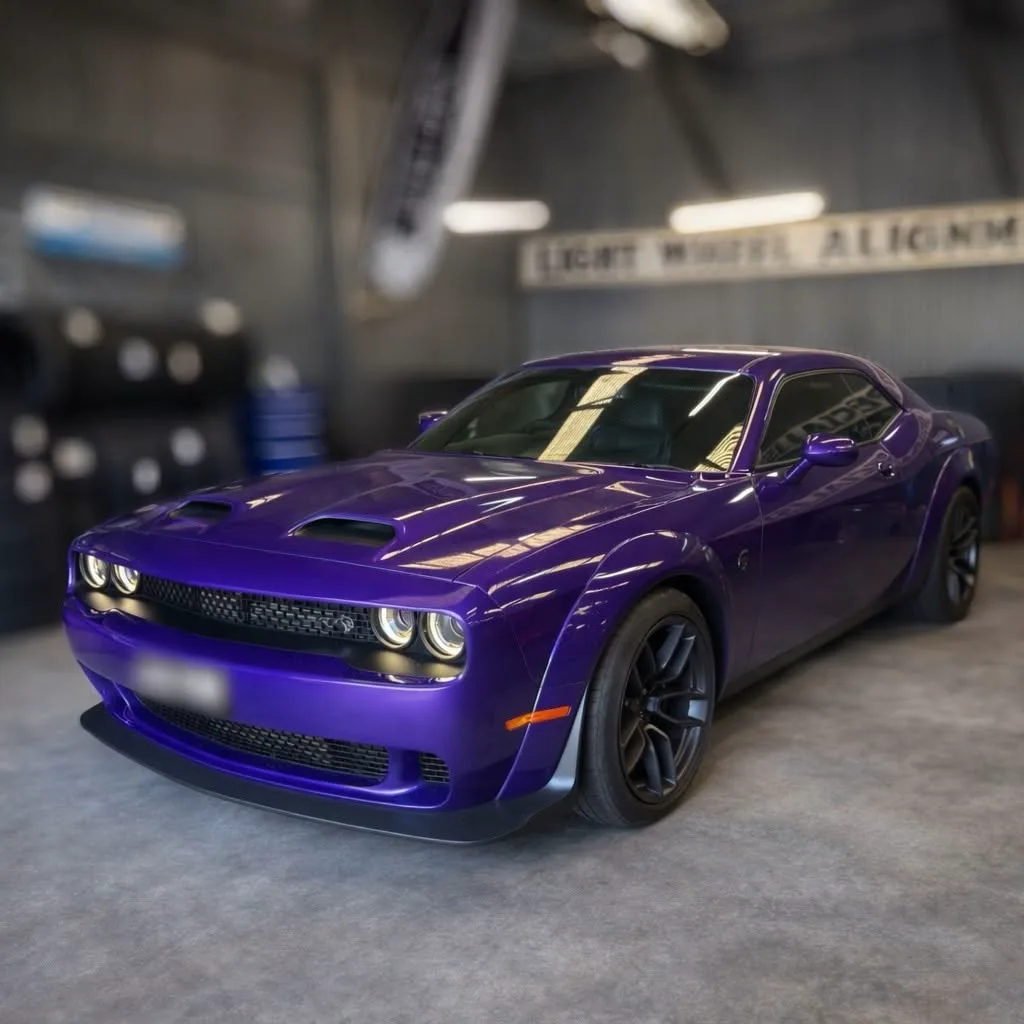 A purple Dodge Challenger inside the Adelaide workshop