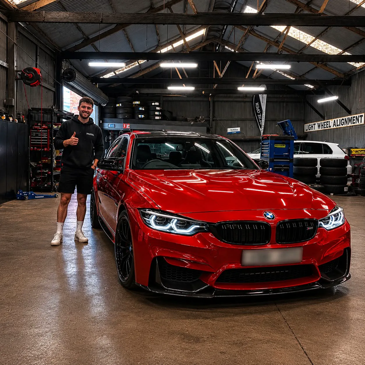 A technician alongside a BMW M4 in the Adelaide workshop